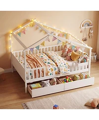 Slickblue Kids Full House Bed Frame with Roof and Safety Rails