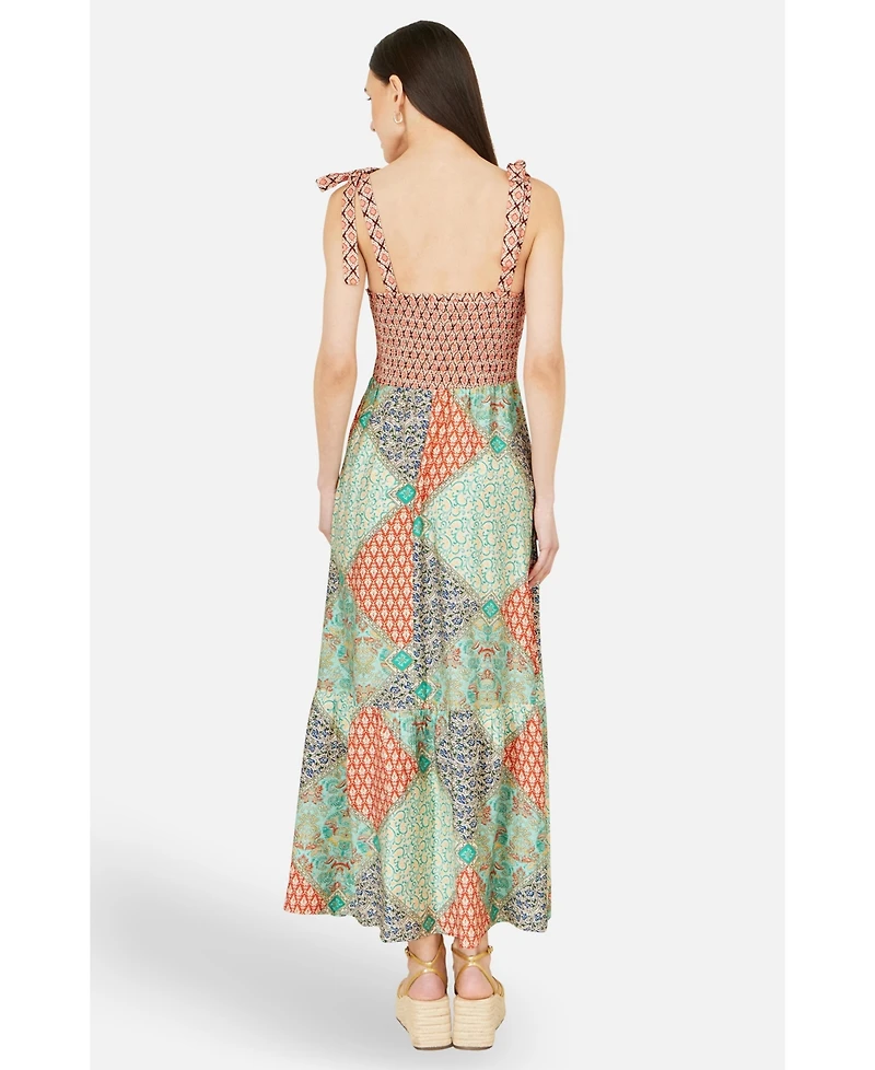 Yumi Women's Viscose Patchwork Ruched Maxi dress