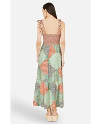 Yumi Women's Viscose Patchwork Ruched Maxi dress