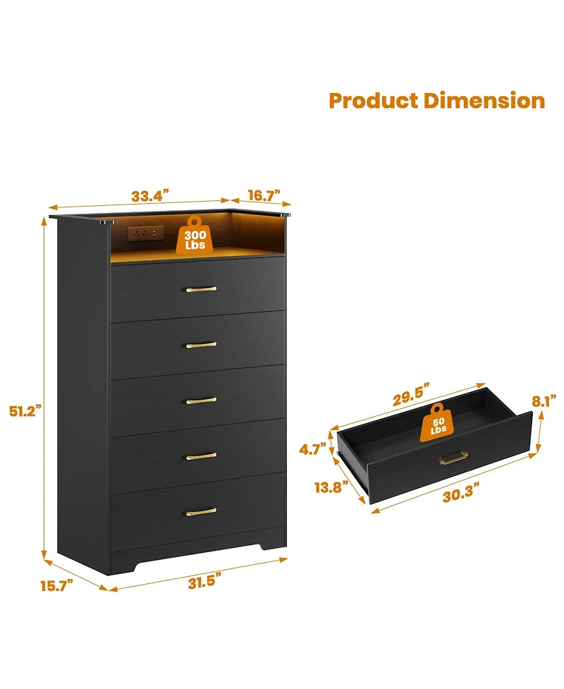 gaomon 5-Drawer Wooden Dresser with Led Lights and Power Outlet, Modern Closet Storage Cabinet for Bedroom, Living Room