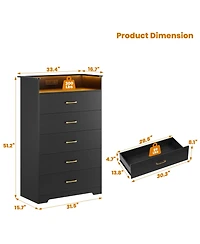 gaomon 5-Drawer Wooden Dresser with Led Lights and Power Outlet, Modern Closet Storage Cabinet for Bedroom, Living Room