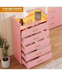 gaomon 5-Drawer Wooden Dresser with Led Lights and Power Outlet, Modern Closet Storage Cabinet for Bedroom, Living Room
