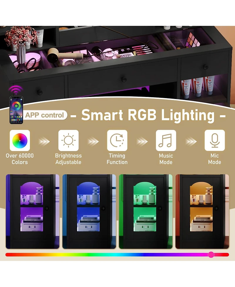 Streamdale Furniture 43.2 inches Vanity Desk with Led Mirror, Rgb Lights, Storage and Stool