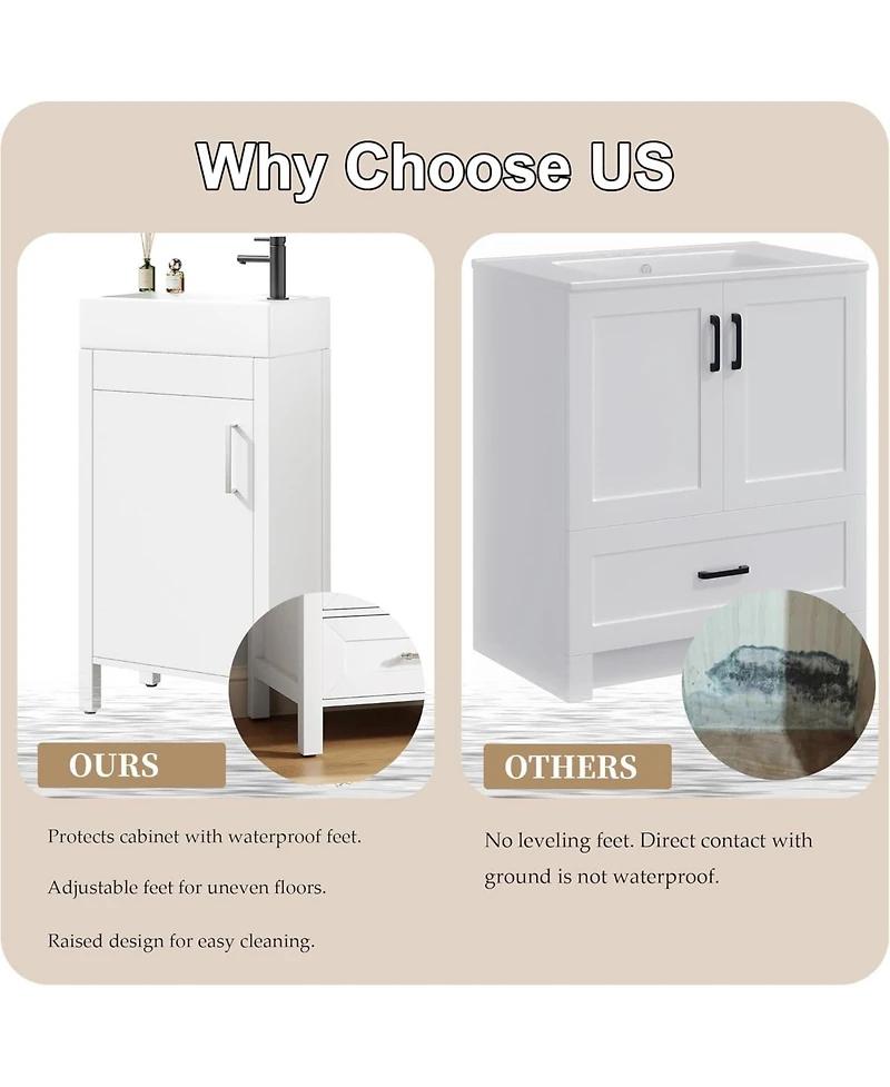 homfan 16 Inch Wooden Bathroom Vanity with Sink, Freestanding Cabinet, Soft-Closing Door, Metal Handle, Modern Storage for Small Bathrooms