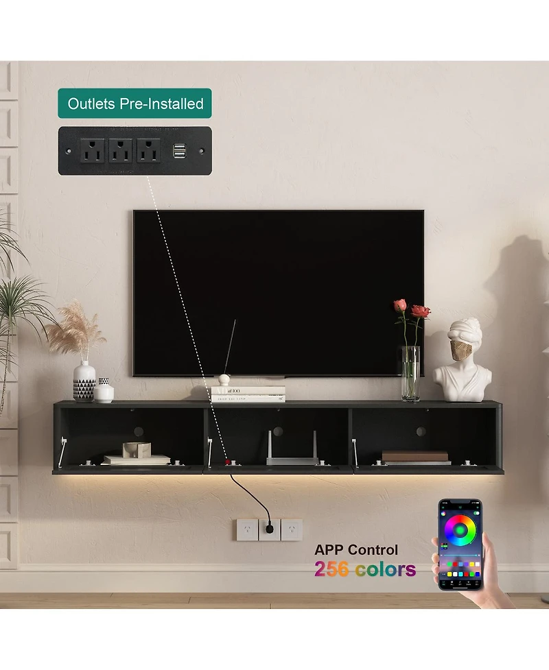 Streamdale Furniture Floating Led Tv Stand with Power Outlet