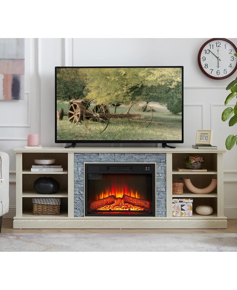 Streamdale Furniture Large Faux Stacked Stone Tv Media Console with Fireplace Insert