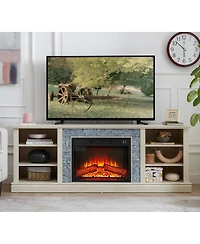 Streamdale Furniture Large Faux Stacked Stone Tv Media Console with Fireplace Insert