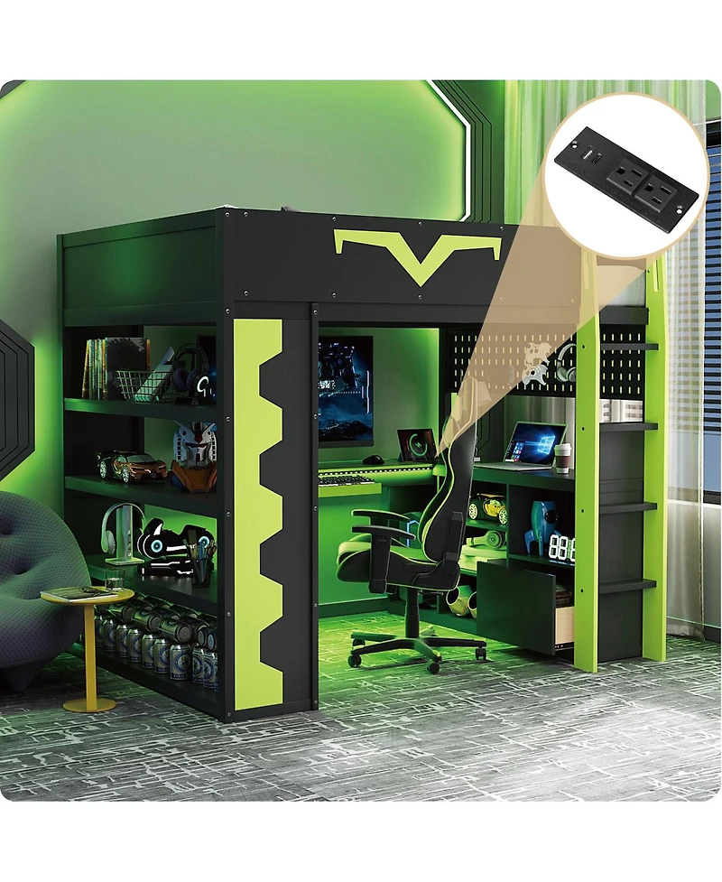 Streamdale Furniture Gaming Loft Bed w/Desk, Rgb, Power, Storage