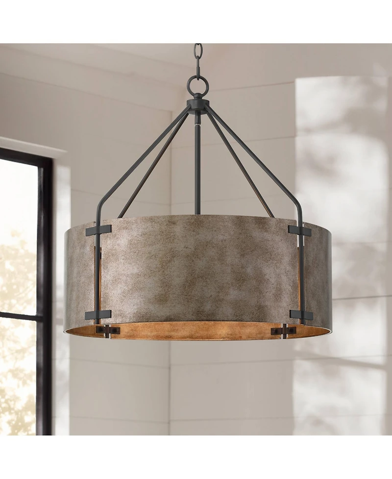 Possini Euro Design Julian 22inch Farmhouse Rustic Pendant Chandelier Ceiling Light Fixture Dining Room Over Table Drum Finish Metal