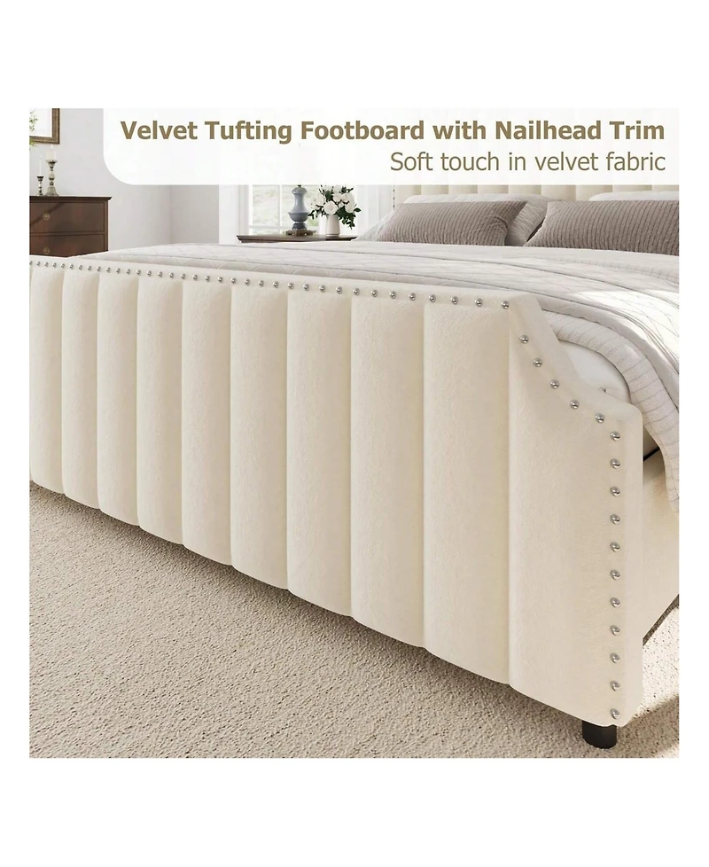 gaomon Queen Platform Bed Frame, Velvet Upholstered, 50.2" Vertical Channel Tufted Headboard & Footboard, Nailhead Trim