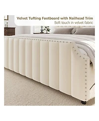 gaomon Queen Platform Bed Frame, Velvet Upholstered, 50.2" Vertical Channel Tufted Headboard & Footboard, Nailhead Trim
