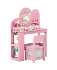 Slickblue Kids Vanity Set with Chair, Lights, 2 Drawers and 2-Tier Bookshelf