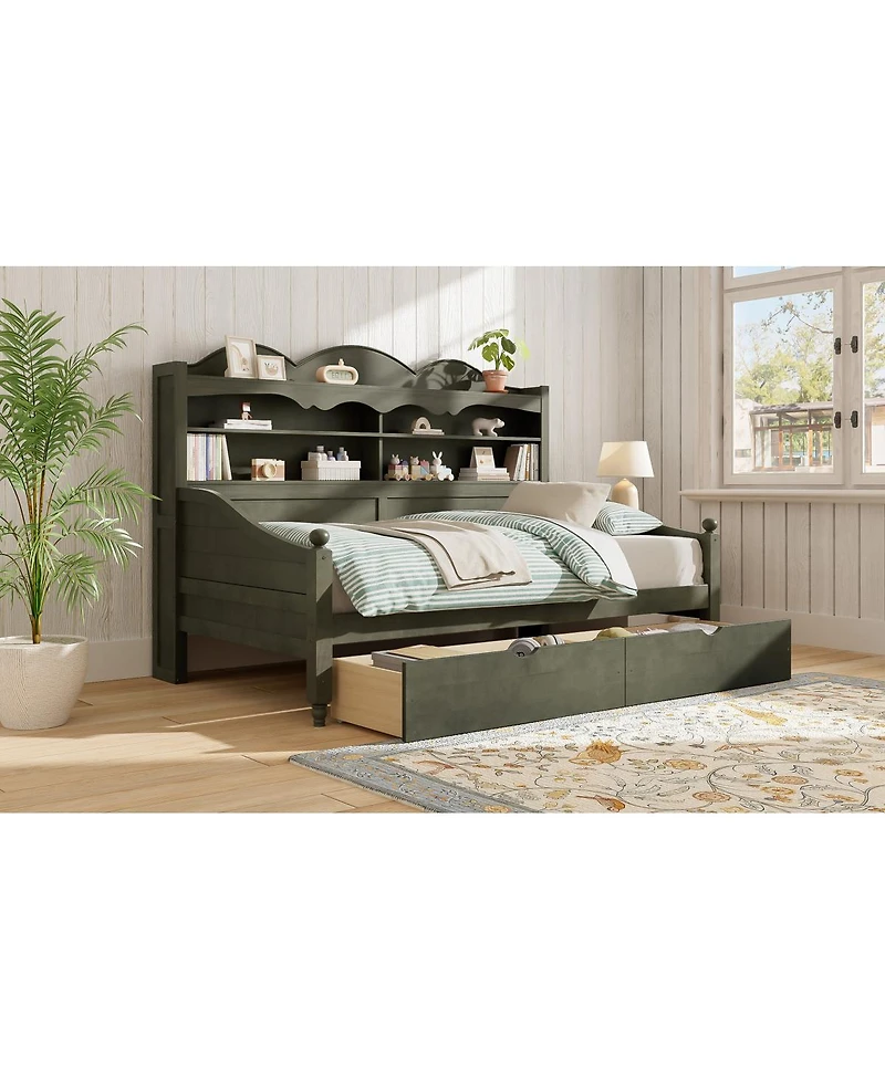 Streamdale Furniture Retro Wooden Twin Daybed with Storage Drawers and Headboard Shelves