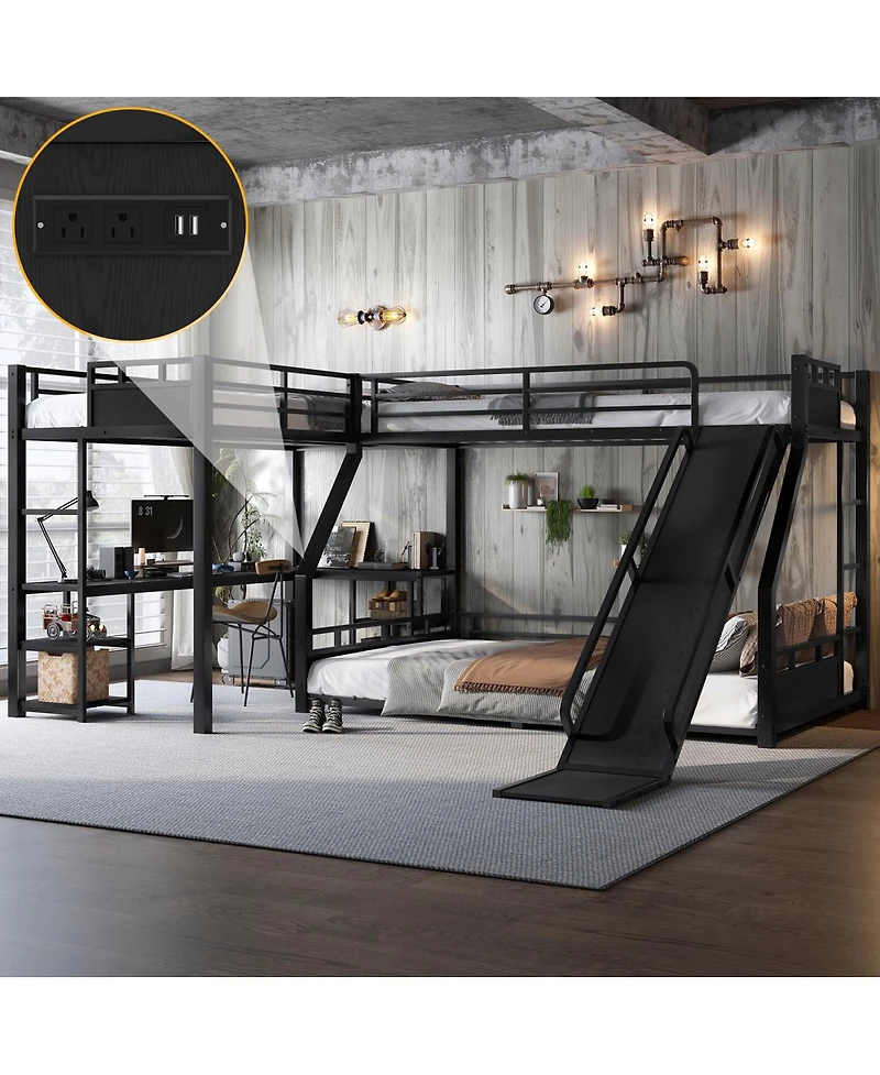 Streamdale Furniture L-Shaped Metal Triple Bunk Bed with Slide, Desk, Usb