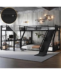 Streamdale Furniture L-Shaped Metal Triple Bunk Bed with Slide, Desk, Usb