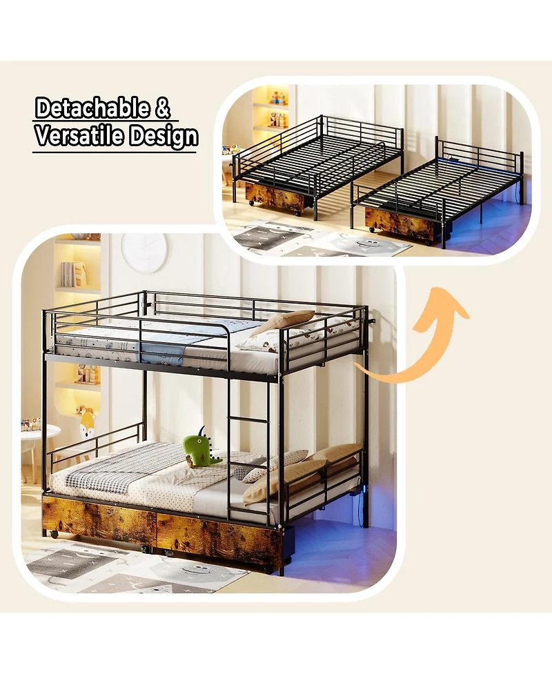Streamdale Furniture Metal Split Bunk Bed w/ Usb, Storage, Guardrail, Ladder