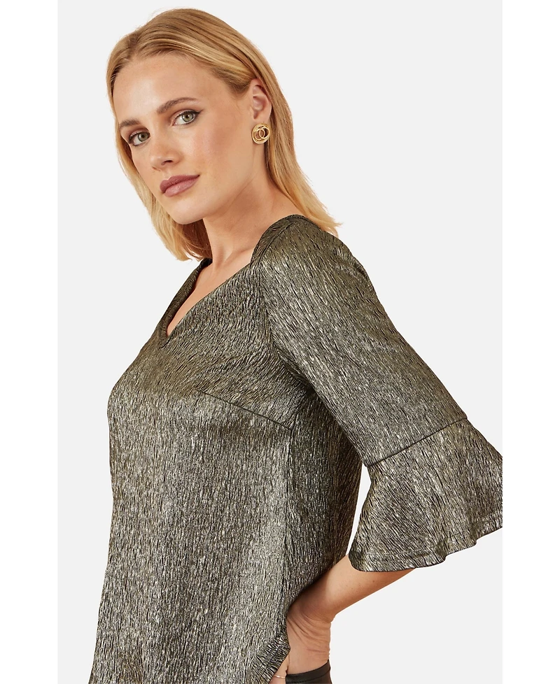 Yumi Women's Fluted Sleeve Metallic Stretch Top