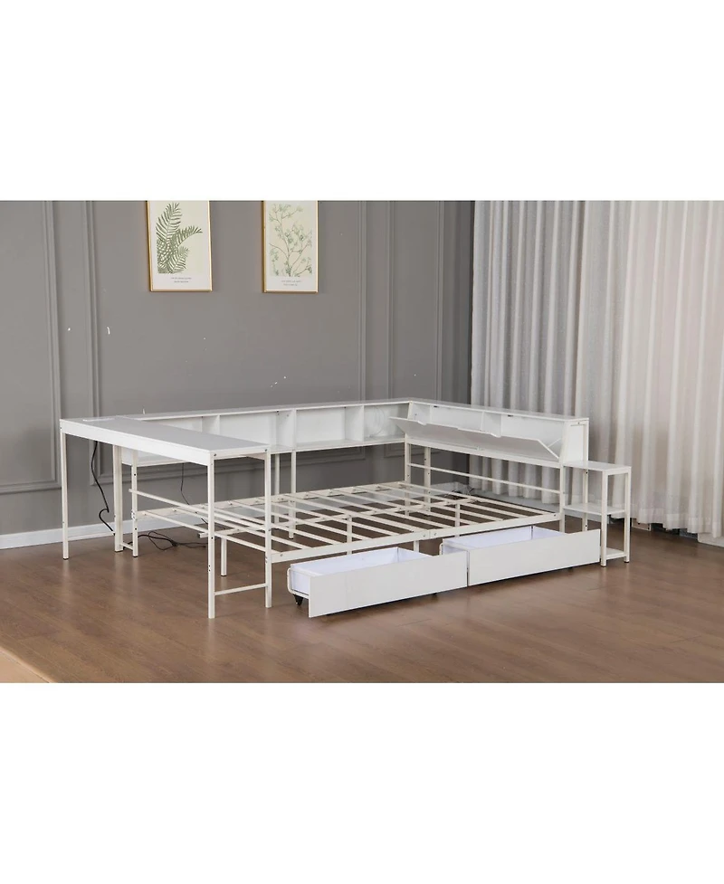Streamdale Furniture Bed With Bookcase, Led, Charging, Storage Drawers
