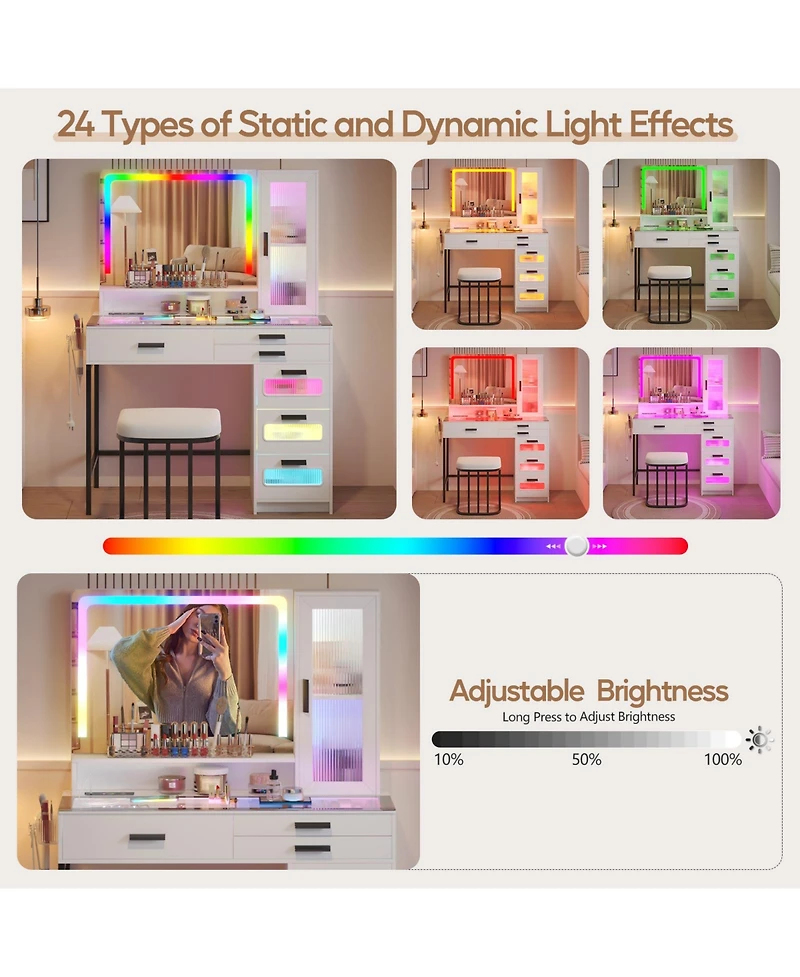 Vlsrka Led Vanity Desk Set with Rgb Mirror, Remote & Charging Station