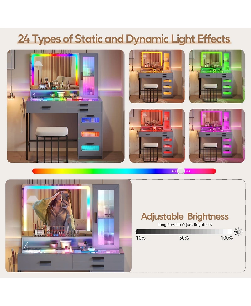 Vlsrka Led Vanity Desk Set with Rgb Mirror, Remote & Charging Station