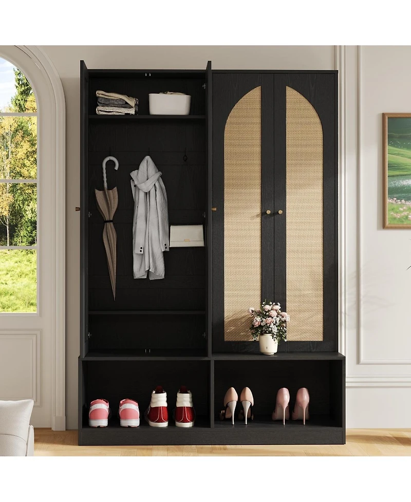 Streamdale Furniture Farmhouse Hall Tree with Rattan Doors and 6 Hooks
