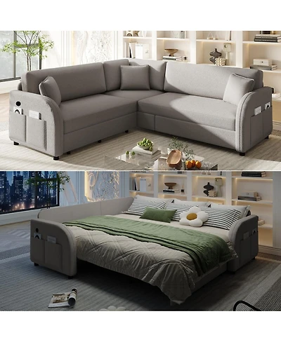 Streamdale Furniture L-Shaped Sofa with Pull-Out Bed, Teddy Upholstered Sectional