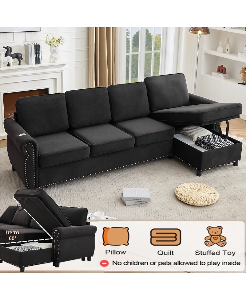 Streamdale Furniture 106.5" Modular L-Shape Pull Out Sofa Bed with Charging