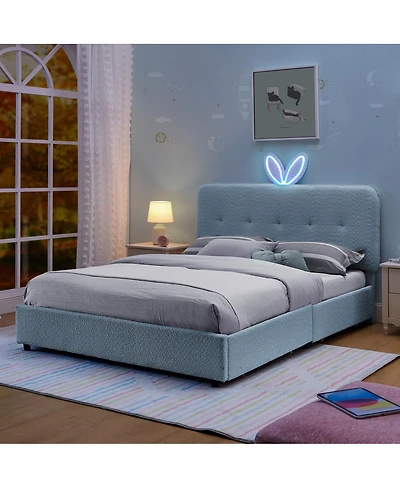Streamdale Furniture Kids Upholstered Bed With Rabbit Headboard, Led and Drawers