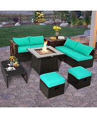 Gouun 9 Piece Outdoor Pe Wicker Sectional Conversation Set with 50000 Btu Propane Fire Pit Table