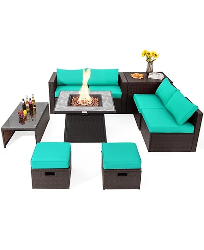 Gouun 9 Piece Outdoor Pe Wicker Sectional Conversation Set with 50000 Btu Propane Fire Pit Table
