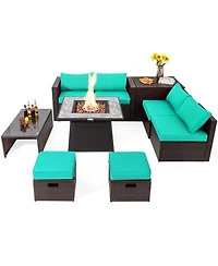 Gouun 9 Piece Outdoor Pe Wicker Sectional Conversation Set with 50000 Btu Propane Fire Pit Table