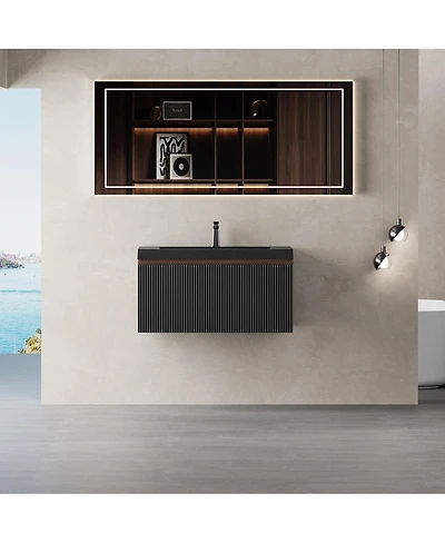 Sillysis Wall Mounted Bathroom Vanity, Quartz Sand Matte Sink, Wave Textured Drawer, Pre-Assembled Modern Cabinet