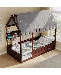 Sailvan Twin Montessori House Bed for Kids, Floor with Fence Railings, Slats not included