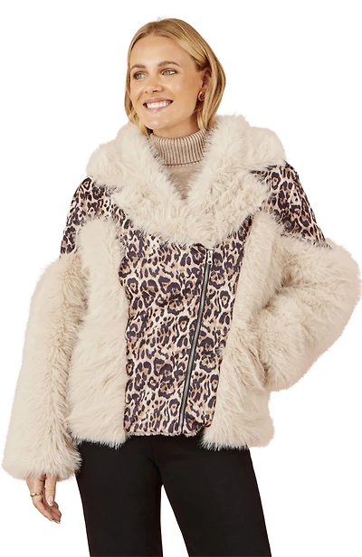 Yumi Women's Faux Fur Biker Leopard Print Jacket