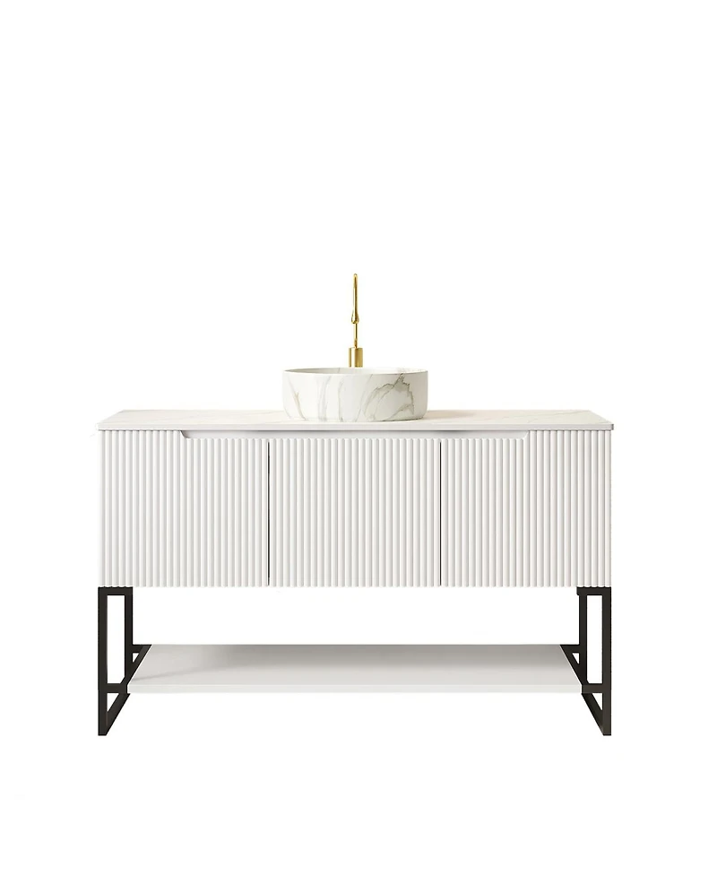 Sillysis 47.6 Inch Freestanding Bathroom Vanity with Ceramic Basin, Sintered Stone Countertop, Soft Close Doors and Open Shelf