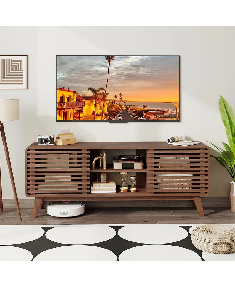 Gymax Tv Stand w/Sliding Doors Adjustable Shelves and Rubber Wood Legs for TVs up to 65''