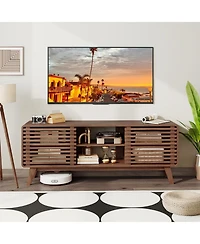 Gymax Tv Stand w/Sliding Doors Adjustable Shelves and Rubber Wood Legs for TVs up to 65''
