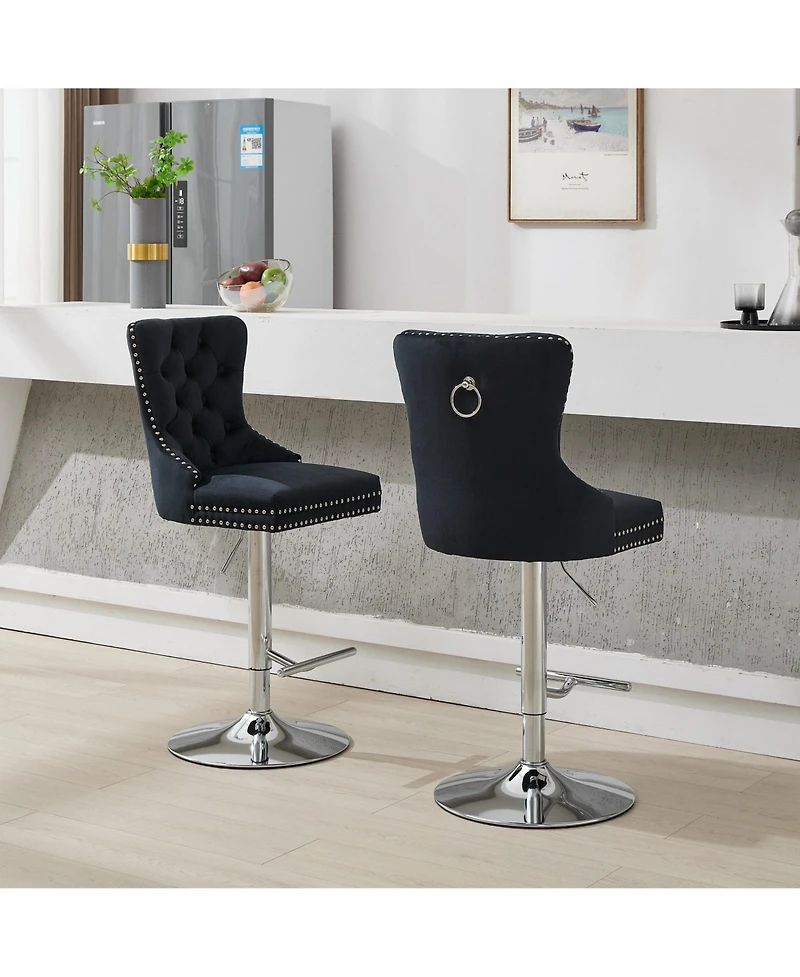 Cilihome Thick Chrome Swivel Velvet Barstools,Adjustable "Height,Modern Upholstered with" Base,Tufted ButtonsandDiamond Pleating ( Set of 2)