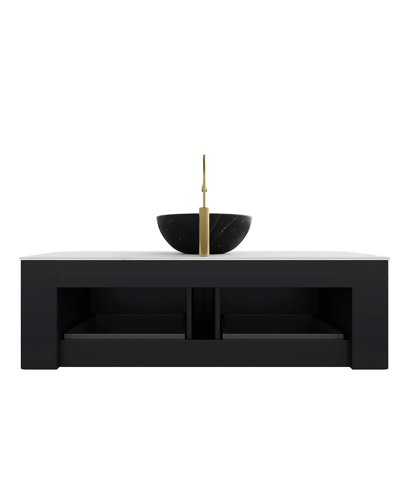 Sillysis Wall Mounted Bathroom Vanity, Carrara Sintered Stone Top , Striped Plywood Cabinet, Pre-assembled