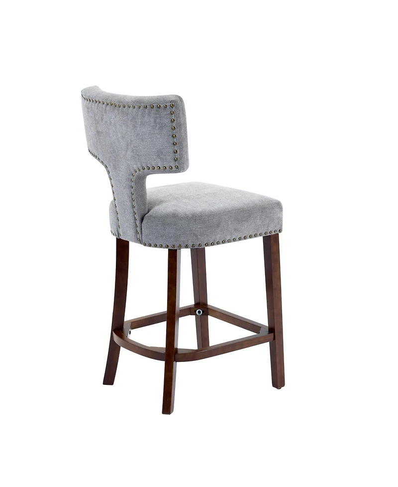 Clihome Mid Century Modern Counter Height Bar Stools Set of 2, Farmhouse Linen Fabric Upholstered Accent Chair Curved Backrest with Copper Nails