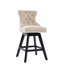 Clihome Swivel Velvet Barstools with Button Tufted Decoration and Wooden Legs, Chrome Nailhead Trim, Leisure Style Bar Chairs,Bar stools, Set of 2