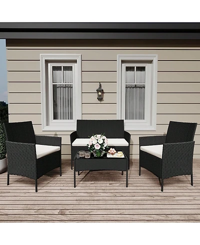 GarveeLife 4 Piece Outdoor Pe Rattan Conversation Set with Cushions and Tempered Glass Table, Loveseat plus 2 Chairs