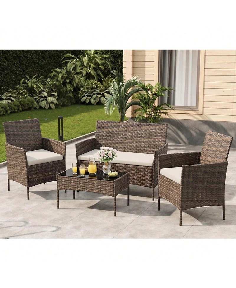 GarveeLife 4 Piece Outdoor Pe Rattan Conversation Set with Cushions and Tempered Glass Table, Loveseat plus 2 Chairs