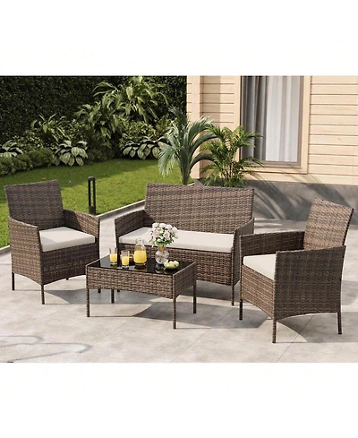 GarveeLife 4 Piece Outdoor Pe Rattan Conversation Set with Cushions and Tempered Glass Table, Loveseat plus 2 Chairs