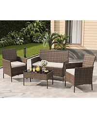 GarveeLife 4 Piece Outdoor Pe Rattan Conversation Set with Cushions and Tempered Glass Table, Loveseat plus 2 Chairs