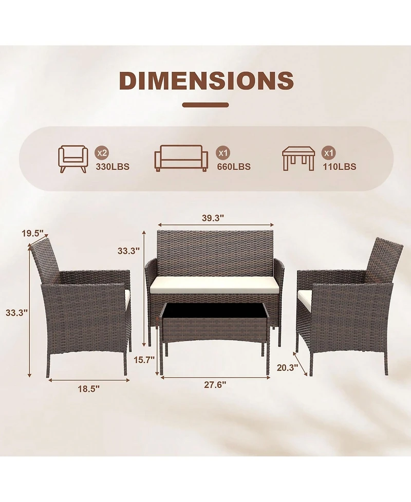 GarveeLife 4 Piece Outdoor Pe Rattan Conversation Set with Cushions and Tempered Glass Table, Loveseat plus 2 Chairs