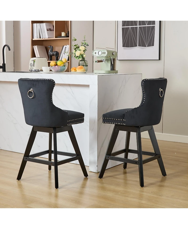 Clihome Swivel Velvet Barstools with Button Tufted Decoration and Wooden Legs, Chrome Nailhead Trim, Leisure Style Bar Chairs,Bar stools, Set of 2