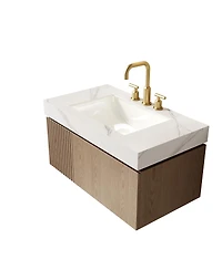Sillysis Wall Mounted Bathroom Vanity, Carrara Sintered Stone Top, 3-Hole Ceramic Sink, Soft Close Cabinet