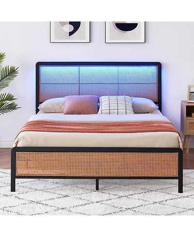 gaomon Full Size Rattan Bed Frame with Led Light Headboard, Bohemian Style Cane Boho Bed Frames