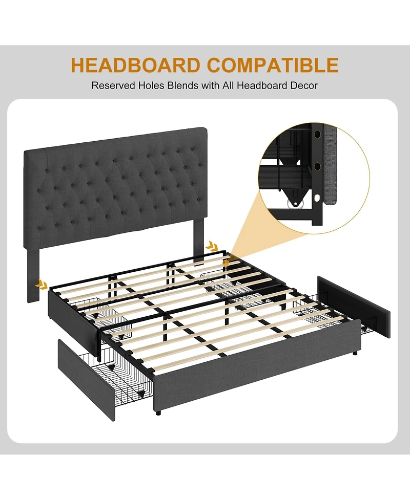 gaomon King Size Platform Bed Frame with 4 Storage Drawers,No Fixed Headboard